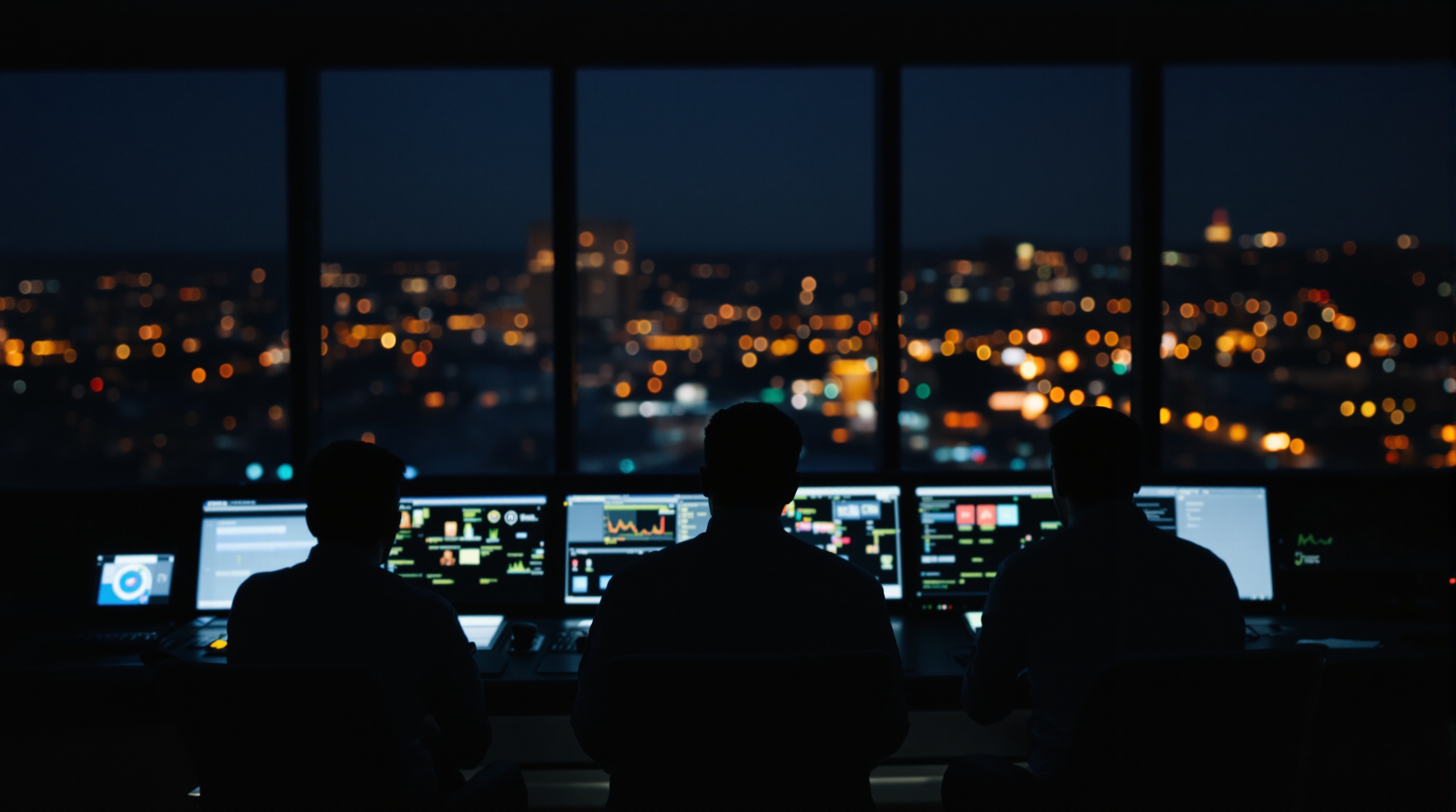 An outbound team working a wall of dashboards in a dark office at night, seen from behind